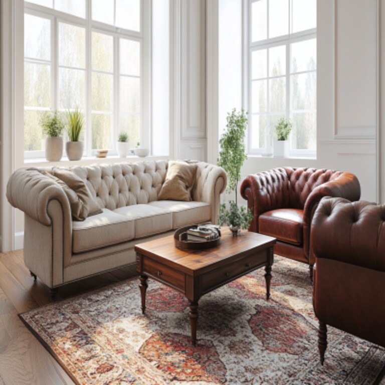 Classic Living Room Design with Beige Sofas and Leather Armchair